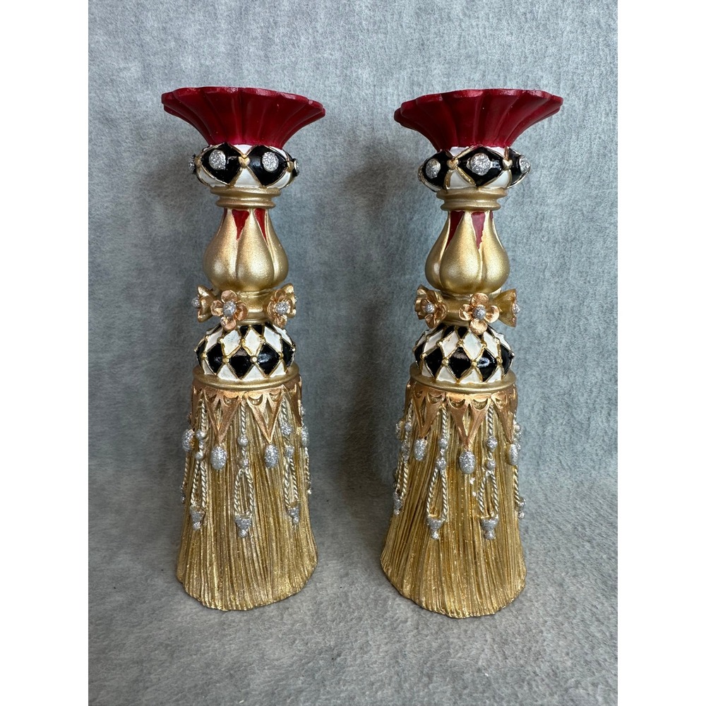 Set of 2‎ Roman Inc Candlestick Holders Home 8.5" Gold Red Harlequin Tassel Pair